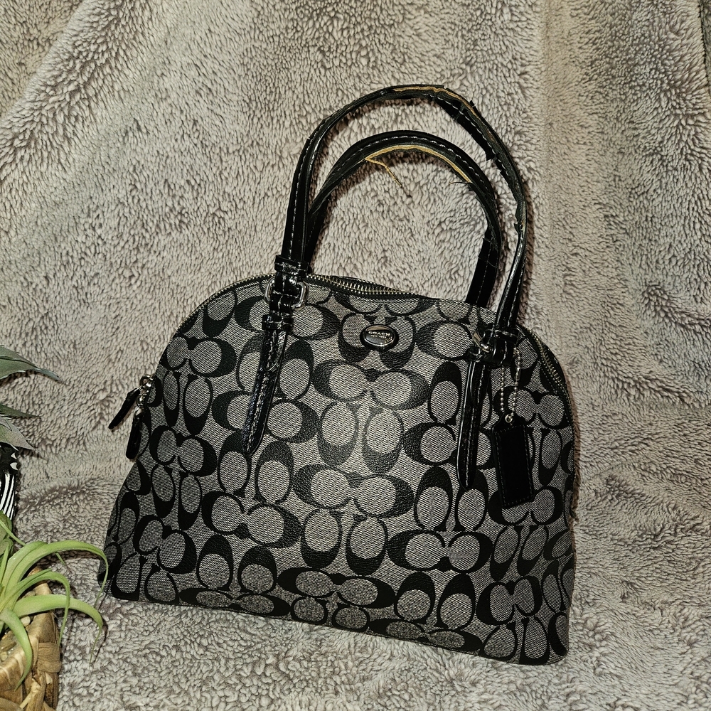 COACH Peyton Signature Cora Domed Satchel Black Grey Monogram Bag F24606 Clean - Picture 2 of 11